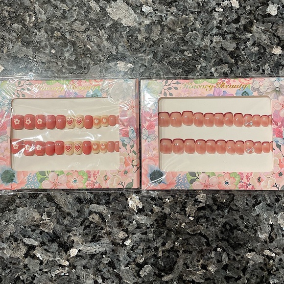 NEW Pink Heart Flower Bow Gem French Tip Style Press-On Nail Set Bundle - Picture 2 of 4